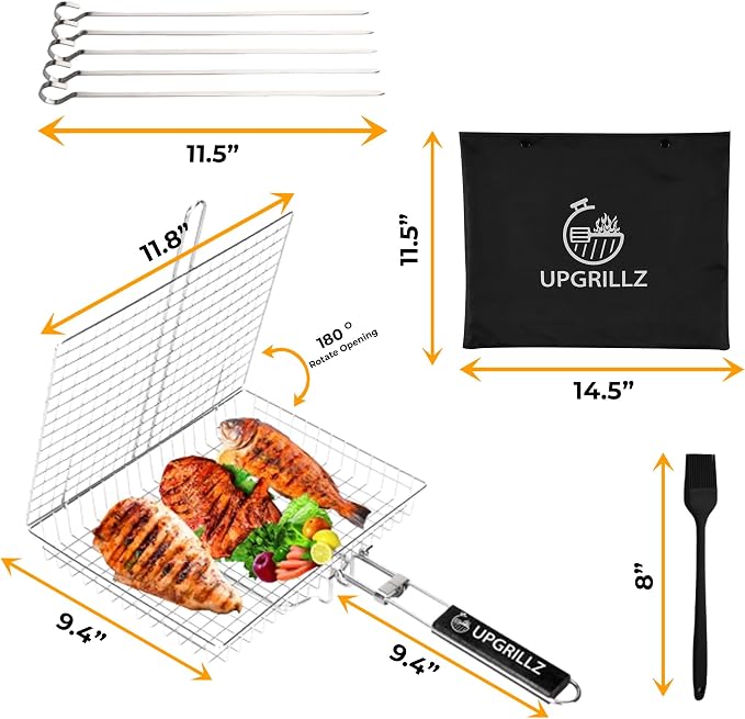 Fish Grill Baskets for Outdoor Grill Vegetables, Fish Grilling rack for Grill, BBQ Grilling Basket, Stainless steel Grill Basket for Veggies, shrimp Includes 5 Steel Skewers, Silicon Brush, and Carry Bag