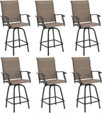 PHI VILLA Outoor Swivel Bar Stools Set of 6 with Armrest and Backrest, 30" Seat Height High Top Bar Height Patio Chairs, Brown Textilene Fabric