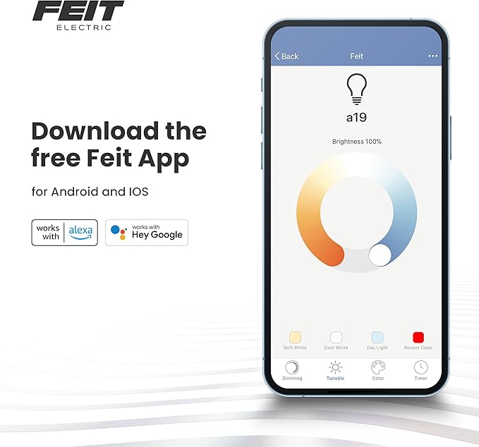 Feit Electric A19 Smart LED Light Bulb, 60W Equivalent, Dimmable, RGBW Color Changing, Alexa & Google Home Compatible, 2.4GHz Wi-Fi Enabled, 800 Lumens, 25,000-Hour Lifetime, OM60/RGBW/CA/AG/6, 6-Pack