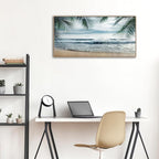 Framed Tropical Beach Wall Art - Ocean Waves Canvas Pictures Coastal Blue Sky and Sea Print Seaside Palm Tree Leaves Scene Painting Artwork Living Room Bedroom Office Home Decor 20" x 40"
