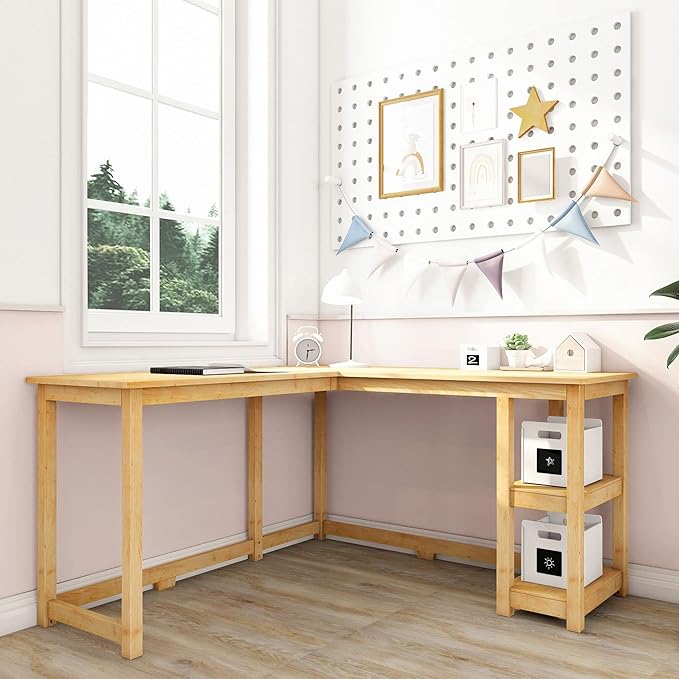 Max & Lily Solid Wood Corner Desk, 55 x 55 Inches, Natural