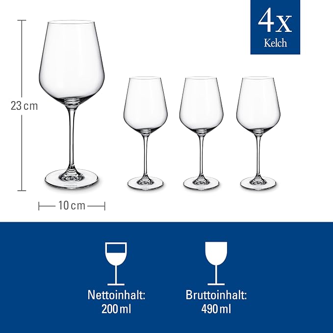 Villeroy & Boch La Divina Collection Red Wine Glass, Set of 4, Crystal Glass, 15.75 oz Capacity, Clear | Crystal glass red wine glasses, dishwasher safe, rounded bowl lets red wine's bouquet fully develop