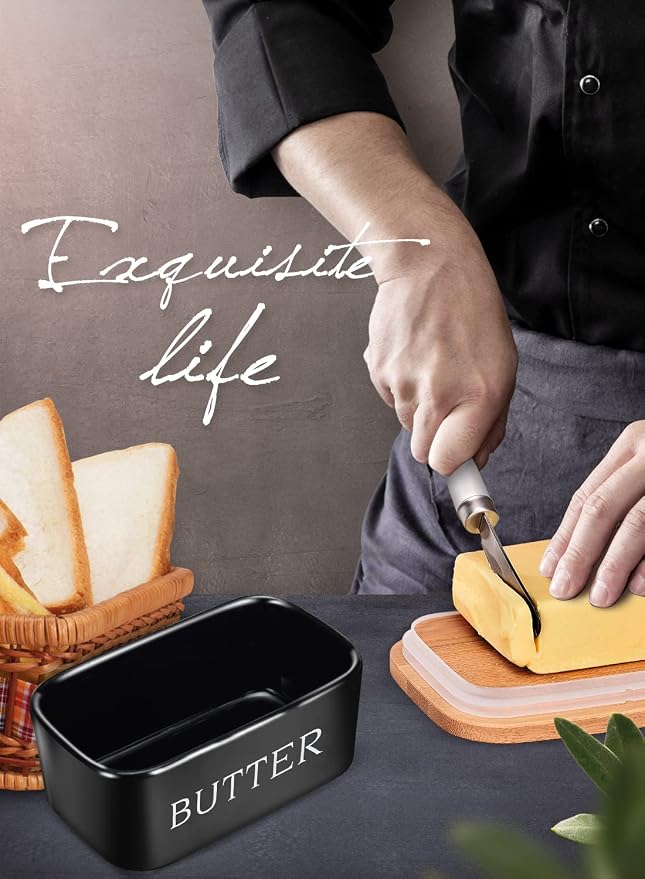 Ceramic Butter Dish with Lid and Knife & Silicone Seal 400ml 2 Pack Black | Suitable Capacity, Great Sealing, Home Decor Kitchen Gift Housewarming Gift
