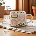 Ceramic Coffee Mug, 13oz Floral Design Pottery cute mugs, Ideal Gift for Women unique vintage pretty coffee mugs (Pink Bulky Flower Mug)