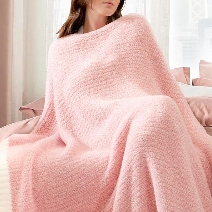 Snuggle Sac Buttery Pink Throw Blanket for Couch, Reversible Super Soft Knitted Blankets, Warm Cozy Knit Fuzzy Plush Lightweight Throws Dupes for Sofa, Bed, Picnic, Pink, 50 x 70 inches
