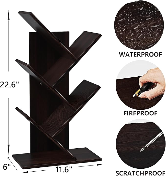 5-Shelf Tree Bookshelf Free Standing Small Book Shelf Narrow Wood Bookcase Floor Standing Book Shelf Modern Book Storage Organizer for Home Office Bedroom Living Room Black