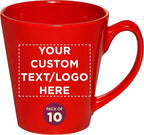 DISCOUNT PROMOS Custom Glossy Ceramic Latte Coffee Mug 12 oz. Set of 10, Personalized Bulk Pack - Perfect for Tea, Espresso, Cappuccino, Hot Cocoa - Red