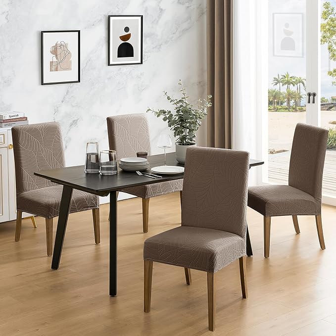 MOSAYT 100% Waterproof Dining Room Chair Covers Set of 6, Super Fit Stretch Jacquard Parson Chairs Slipcovers Removable Washable Chair Seat Protectors for Home, Kitchen, Banquet (Taupe)