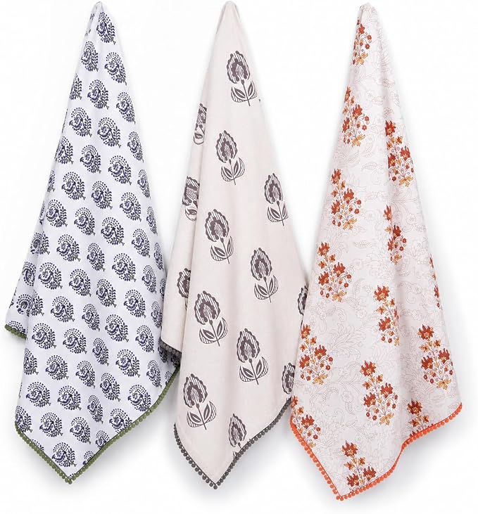 Printed Kitchen Dish Bar and Tea Towels Cotton, 18x28 inch with Trims, Cotton Dish Towel Sets (Multicolor Motif, Set of 3)