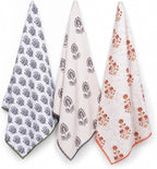 Printed Kitchen Dish Bar and Tea Towels Cotton, 18x28 inch with Trims, Cotton Dish Towel Sets (Multicolor Motif, Set of 3)