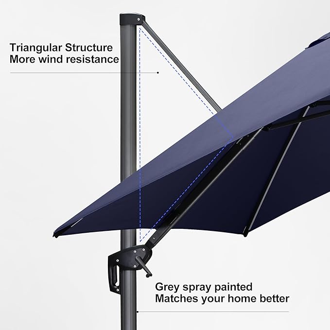 PURPLE LEAF 10 Feet Patio Umbrella Solar Powered LED Square Outdoor Cantilever Umbrella with LED Lights Aluminum Offset Umbrella with 360-degree Rotation for Garden Deck Pool Patio Navy Blue