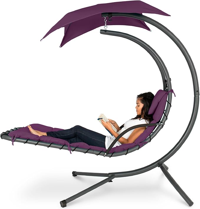 Best Choice Products Outdoor Hanging Curved Steel Chaise Lounge Chair Swing w/Built-in Pillow and Removable Canopy - Purple