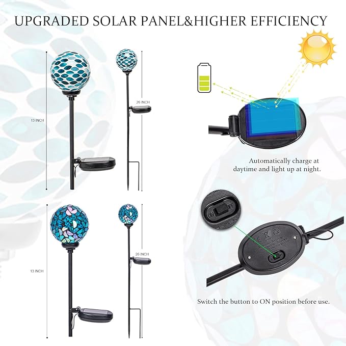VCUTEKA Solar Lights Outdoor Decorative, Mosaic Solar Garden Light Waterpoof LED Pathway Stake Light for Landscape Lawn Patio Yard Decoration, 2 Pack