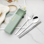 DEVICO Travel Utensils with Case, 4Pcs Korean Chopsticks Fork and Spoon Set | 18/8 Stainless Steel Portable Cutlery Set, Reusable Silverware for Lunch Box/Camping/Work/School, Dishwasher Safe, Green