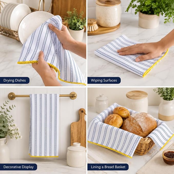 Printed Kitchen Dish Bar and Tea Towels Cotton, 18x28 inch with Trims, Cotton Dish Towel Sets (Blue Stripes, Set of 6)
