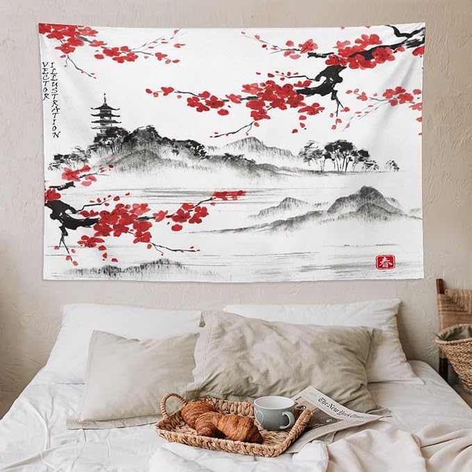 Cherry Blossoms Tapestry, Japanese Fuji Mountain Tapestry, Asian Japanese Wall Tapestry, Nature Landscape Tapestries for Bedroom Living Room Decor 90"x60"