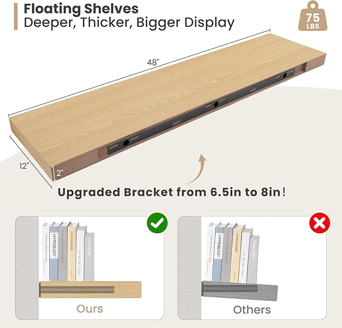 Heimlove 12 Inch Deep Floating Shelves, 48 x 12 inches Long Wall Shelf, Large Display Shelf & Storage Shelf, Rustic Wood Wall Shelves for Fireplace Mantel, Set of 2(Oak)