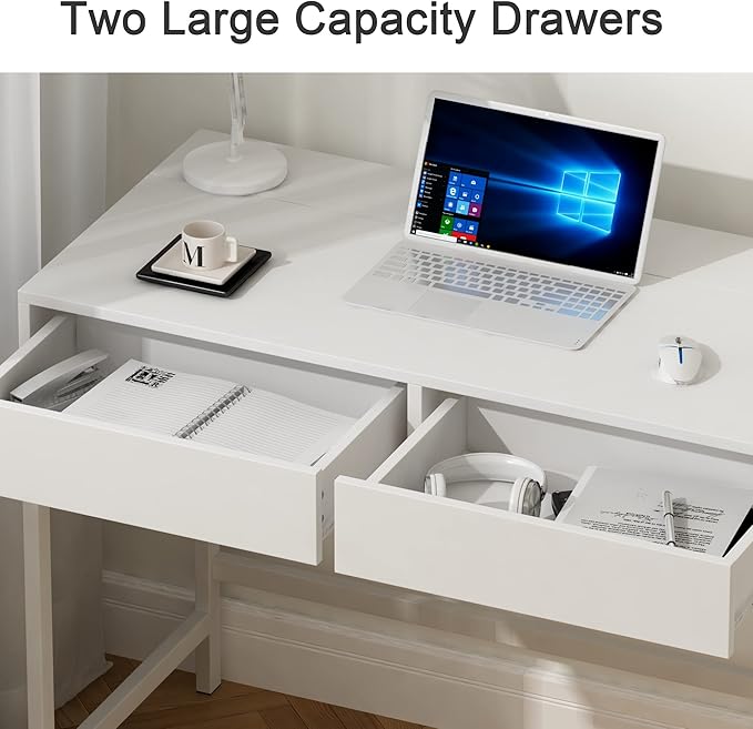 Treocho Computer Desk with USB Charging Ports and Power Outlets, Modern Simple 47 inch White Desk with 2 Drawers, Vanity Desk, Makeup Table for Home Office, Bedroom