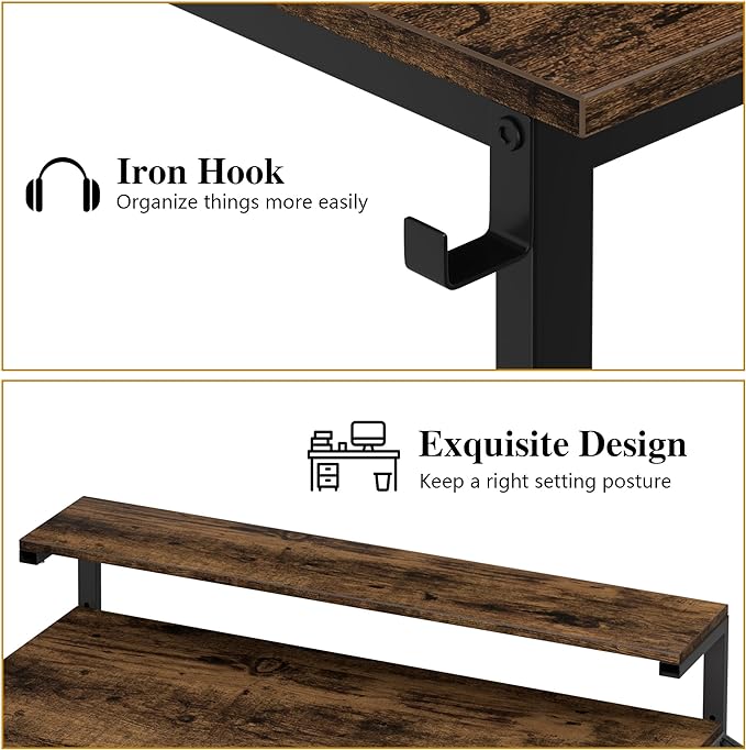 Shintenchi 63 inch Computer Desk with Monitor Stand, Stable Design Writing Desk, Study Workstation Home Office Table with Storage Bag & Hook, Vintage Brown