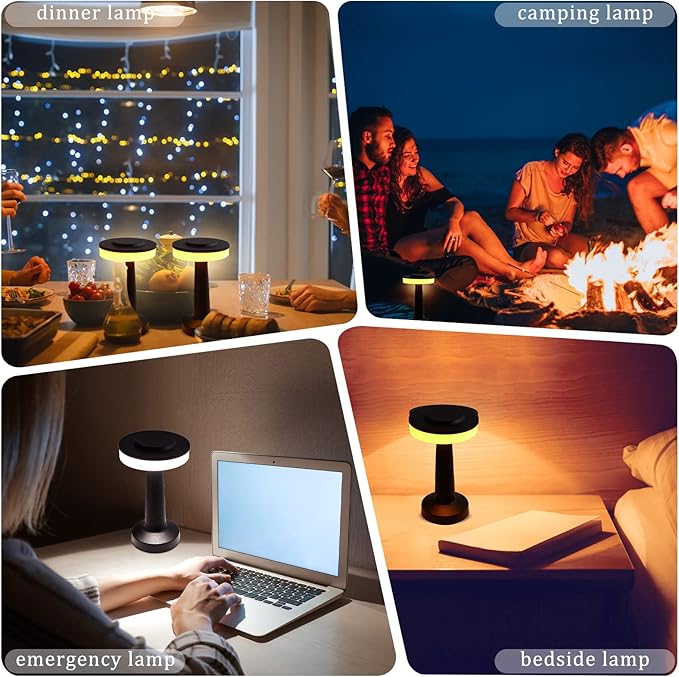 VIHOSE Set of 8 LED Portable Cordless Table Lamp with Touch Sensor 3 Color Stepless Dimming Rechargeable Battery up to 15 Hours Cordless Table Light Wireless Lamp for Nursery(Black)