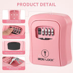 Iron Lock® Medium Wall Mount Combination Key Lock Box, Outdoor (Pink) | Screw-in wall mount (4 screws + 4 anchors) — not magnetic, does not hang; weather-resistant zinc alloy, includes key hanger
