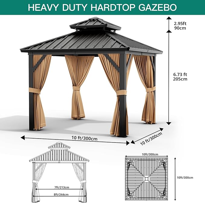 10'x10' Hardtop Gazebo, Heavy Duty Aluminum Permanent Hardtop Gazebo Outdoor Pavilion with Curtains and Netting for Garden (Khaki, 10'x10')