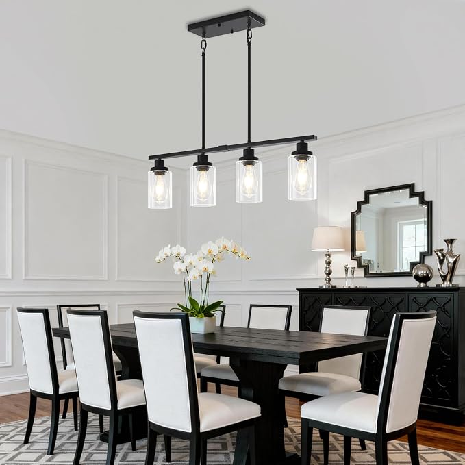 Modern Island Lights for Kitchen Black Dining Room Light Fixtures | 30'' Linear Chandelier Over Table, 4-Light Farmhouse Kitchen Island Lighting Clear Glass Shades, Adjustable Height