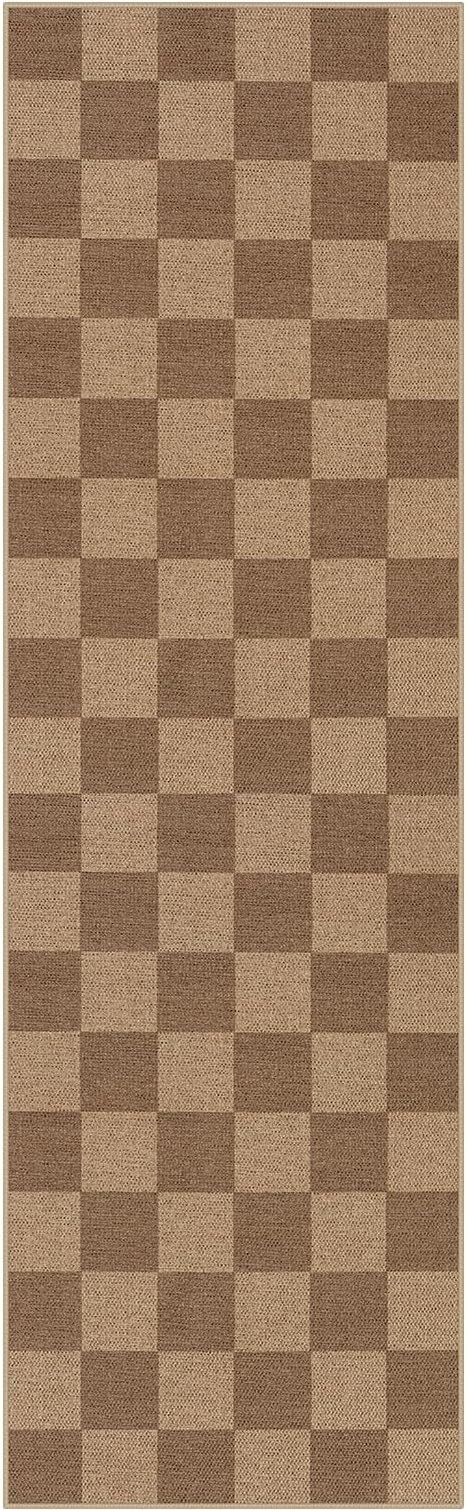 Lahome Checkered Easy Jute Kitchen Runner, 2x8 Washable Indoor Outdoor Runner Rug, Checkerboard Non Slip Non Shedding Neutral Carpet for Hallway Entryway Foyer