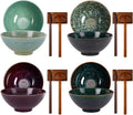 Geiserailie 40oz Ceramic Japanese Ramen Bowls Set of 4, 8 Inch Deep Asian Pho Udon Soup Noodle Bowls with Chopsticks, Spoons & Chopstick Rest -Microwave & Dishwasher Safe(Peacock Green)