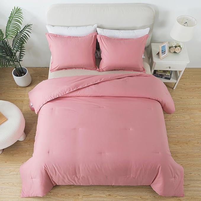 Pink Comforter Set Twin Size, Solid Blush Women Girls Pink Down Alternative Boho Bedding Comforter Set, Breathable Fluffy Microfiber Comforter (68"x90") for All Seasons with Pillowcase