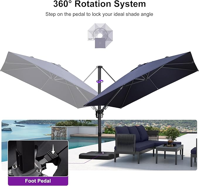 PURPLE LEAF 9.8' X 9.8' Left-right Tilting Patio Umbrella Outdoor Cantilever Swivel Square Umbrella Aluminum Offset Umbrella with 360-degree Rotation for Garden Deck Pool Patio Navy Blue