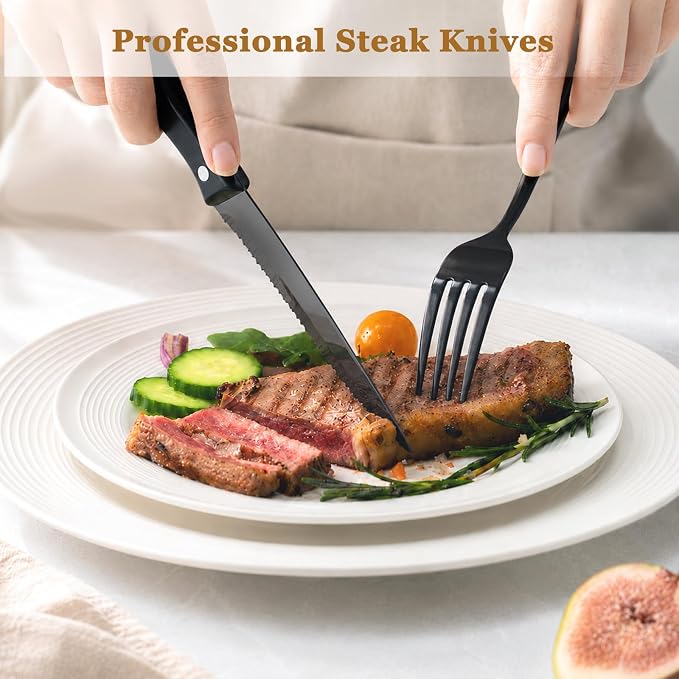 Astercook 24-Piece Black Silverware Set with Steak Knives Flatware Set for 4 Food-Grade Stainless Steel Cutlery Set Mirror Polished Utensils Set Include Spoons and Forks for Home Kitchen Restaurant