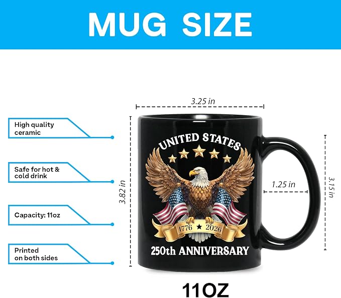 Hyturtle 250th Anniversary of America Coffee Mug, US Eagle 1776-2026 Gifts | 250th Anniversary USA Mug Gifts for Men, Women, American Flag Patriotic Keepsake, American USA Flag Black Coffee Tea Cup