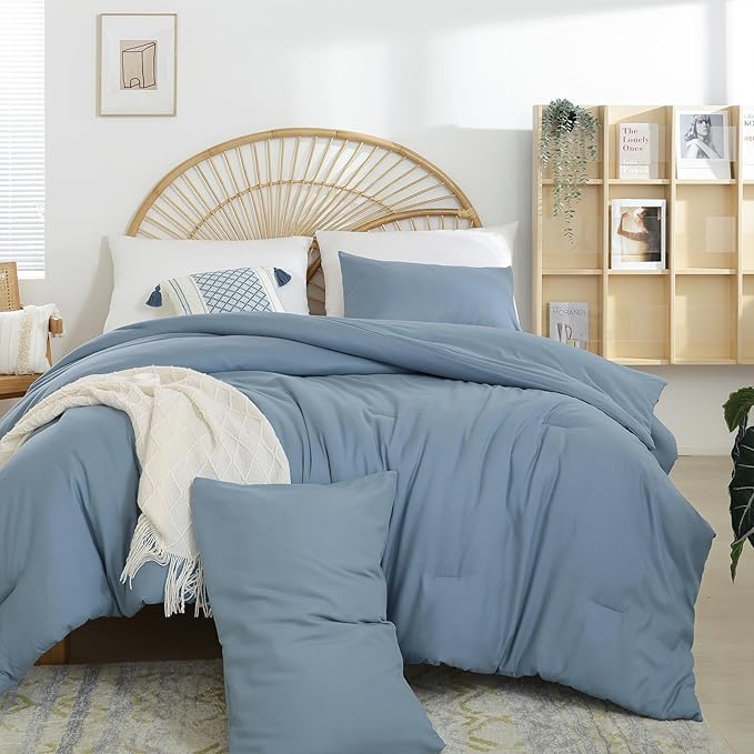 Dusty Blue Comforter Set Twin Boho Grayish Blue Twin Comforter with 1 Pillowcases - Soft Lightweight Cozy Bedding Set for All Season - Beige Comforter Twin Size for Women Teens Kids