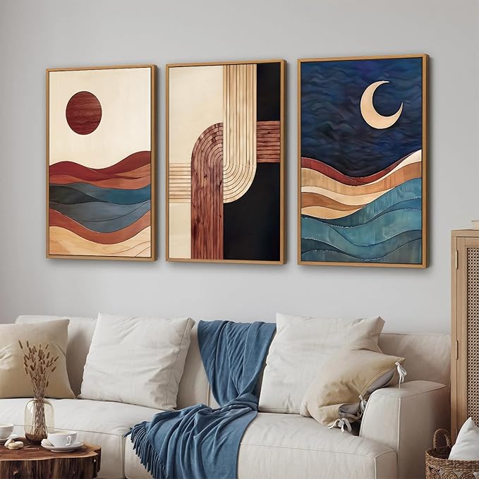 SIGNINART Boho Mid Century Modern Framed Canvas Wall Art, Bohemian Geometric Wall Decor, Abstract Sun and Moon Artwork,Beige and Black Wooden Art Paintings for Living Room Bedroom Office 16"x24"x3
