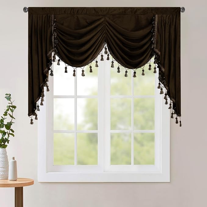 Luxury Brown Waterfall Swag Tier Curtains W59 inches, 1 Panel | Kitchen Half Window, Light Blocking Privacy Sliding Door Decor for Living Room, Rod Pocket