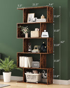 Yusong Bookshelf 5-Tier, Geometric Bookcase S Shaped Book Shelves for Bedroom, Modern Industrial Wood Decorative Display Shelf Book Case for Home Office, Rustic Brown