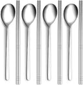 Reusable Spoon and Chopsticks Set, 4 Piece Korean Long Handle Stainless Steel Spoon and Chopsticks Set, Dishwasher Safe for Home, Kitchen or Restaurant
