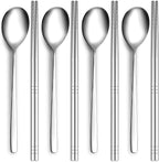 Reusable Spoon and Chopsticks Set, 4 Piece Korean Long Handle Stainless Steel Spoon and Chopsticks Set, Dishwasher Safe for Home, Kitchen or Restaurant