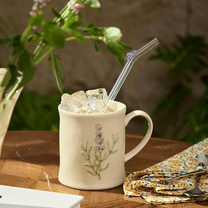 Artisanal Handcrafted Ceramic Mug with Sage Botanical Design - 10oz Off-White Stoneware Coffee Cup, Elegant Purple Sage Pattern, Dishwasher Safe, Comfort Grip Handle for Daily Use-2pack