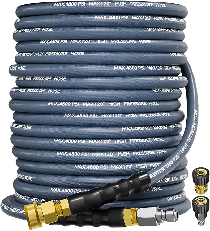 3/8" 4800PSI Pressure Washer Hose 100FT with Swivel Quick Connect for Cold/Hot Water Max 248°F, Kink Resistant Steel Wire Braided, Wear Resistant Power Washer Hose with M22 14mm Adapter