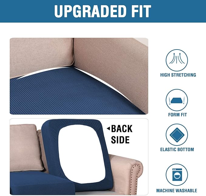 H.VERSAILTEX Super Stretch Individual Seat Cushion Covers - Sofa & Couch Cushion Slipcover Sets - Thick Jacquard Textured Twill Fabric (3 Piece XL Sofa Cushion Covers, Navy)