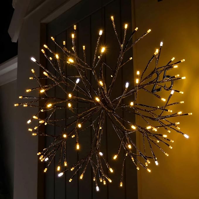 Christmas led Sparkle Ball Hanging Outdoor décorations -Haning Twig Ball,Snowflake Ornament Lights Indoor Outdoor Festive Holiday Décor 24Inch (Warm White)