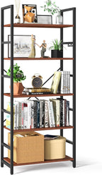 Yoobure 5 Tier Bookshelf - Tall Book Shelf Modern Bookcase for CDs/Movies/Books, Rustic Book Case Industrial Bookshelves Book Storage Organizer for Bedroom Home Office Living Room Brown