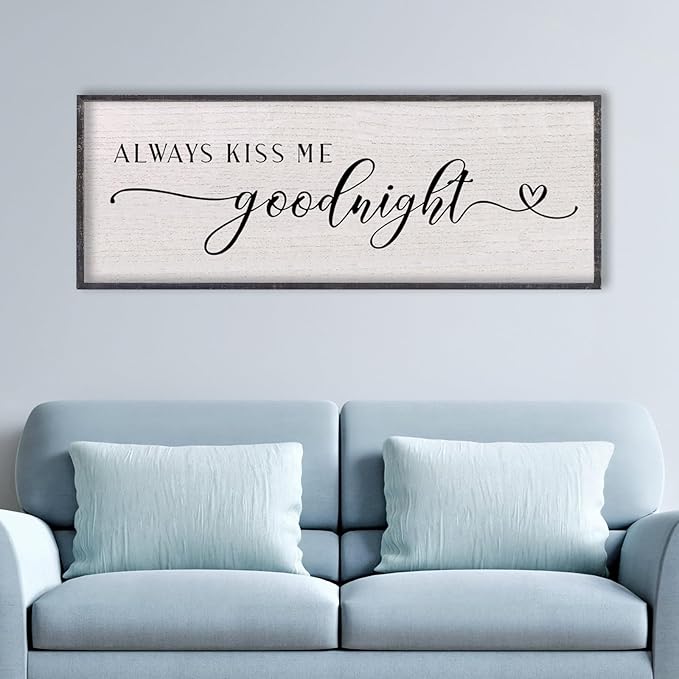 LuZhiQiang Above Bed Love Theme Wall Decor Always Kiss Me Goodnight Sign 40"×15" Wood Framed for Master Bedroom Over Bed Wall Art (Black)