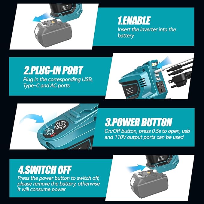 Power Inverter Compatible with Makita 18V Battery: Ecarke Portable Power Supply Inverter Convert - Real 200W DC 18V to AC 110V-120V Battery Powered Outlet with 2 USB AC Power Station(Bare Tool Only)