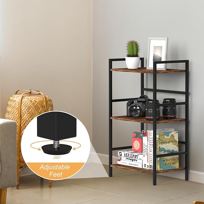 CADUKE 3 Tier Bookshelf Industrial Small Bookcase Wood and Metal Book Shelf Rustic Etagere Bookshelf Brown Bookshelves with Storage for Home Office Living Room Bedroom