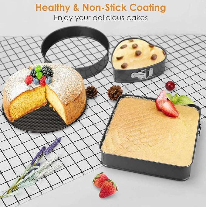 Springform Cake Pan Set of 3 (7, 8, 9 Inch) Heart Round Square Baking Pans Nonstick Cheesecake Pans with Removable Bottom Stainless Steel Bakeware for Cake, Mousse