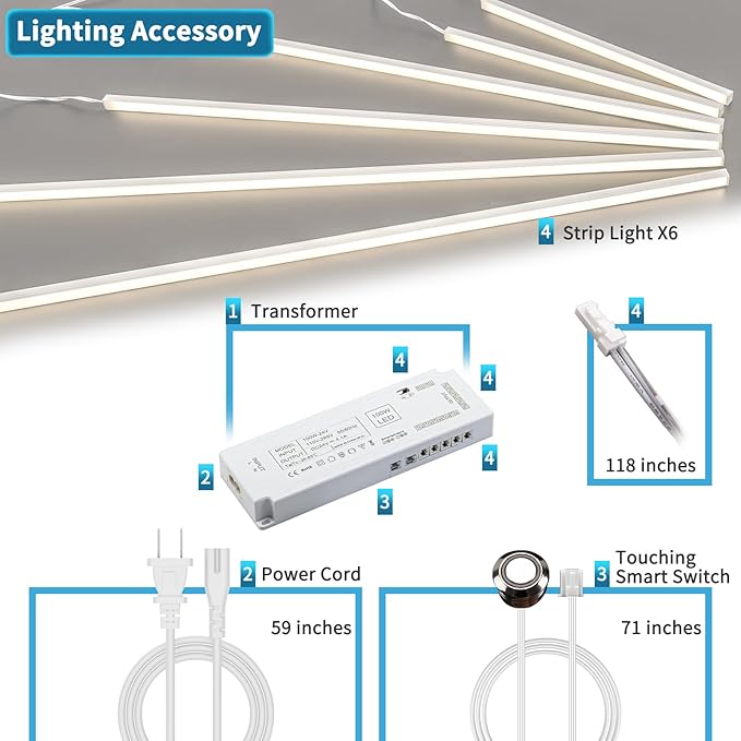 Art3d LED Recessed Lighting Kit - 6pcs Self-Adhesive White LED Light with Smart Switch, 3000k Touching Switch Light for Wood Slat Wall Panels Headboards Home Decor - Housing White
