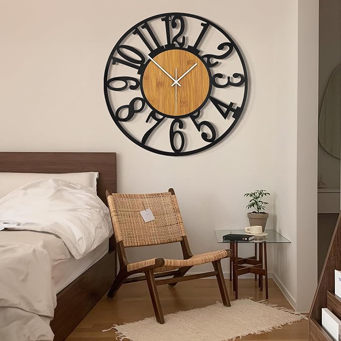 LEIKE 30" Oversized Large Wall Clocks,Silent,Non Ticking,Battery Operated Modern Round Big Wood Decorative Metal Wall Clock for Living Room, Bedroom,Kitchen,Farmhouse,Office Decor - Black,30 Inch